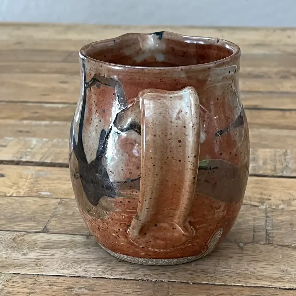 Art Studio Pottery Creamer Pitcher 4.5 in Rustic Texture Orange Tan & Blue Glaze